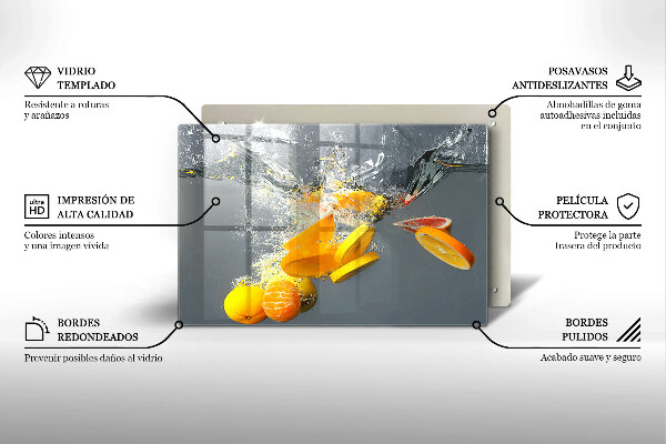 Chopping board glass Lemons in water