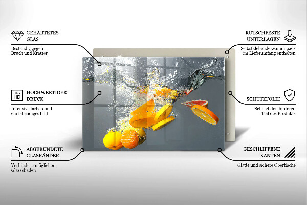 Chopping board glass Lemons in water