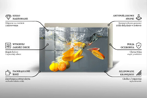 Chopping board glass Lemons in water