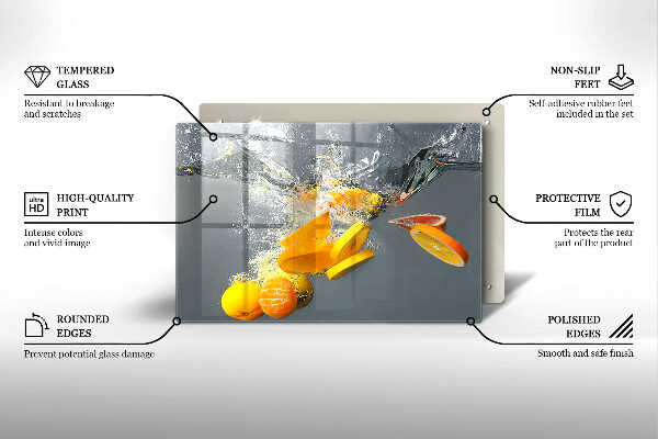 Chopping board glass Lemons in water