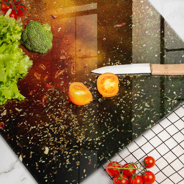 Chopping board glass Colorful spices