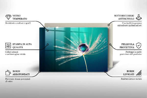 Chopping board glass Dew on a dandelion