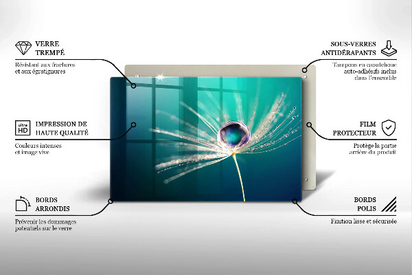Chopping board glass Dew on a dandelion
