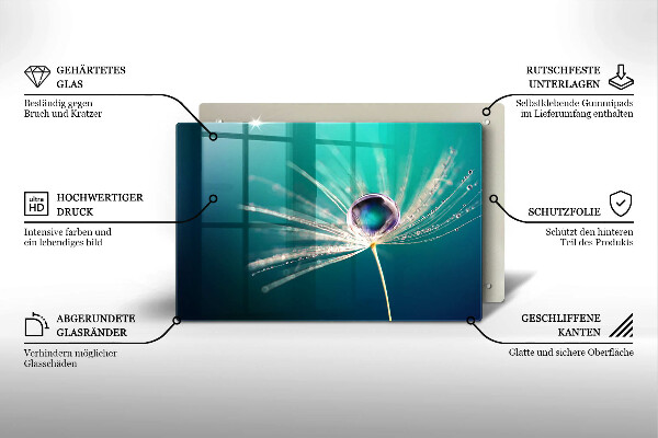 Chopping board glass Dew on a dandelion