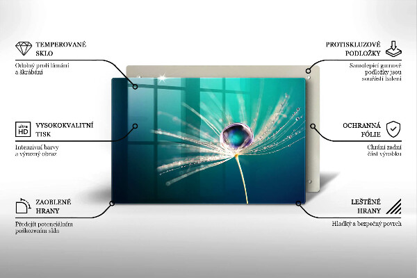 Chopping board glass Dew on a dandelion