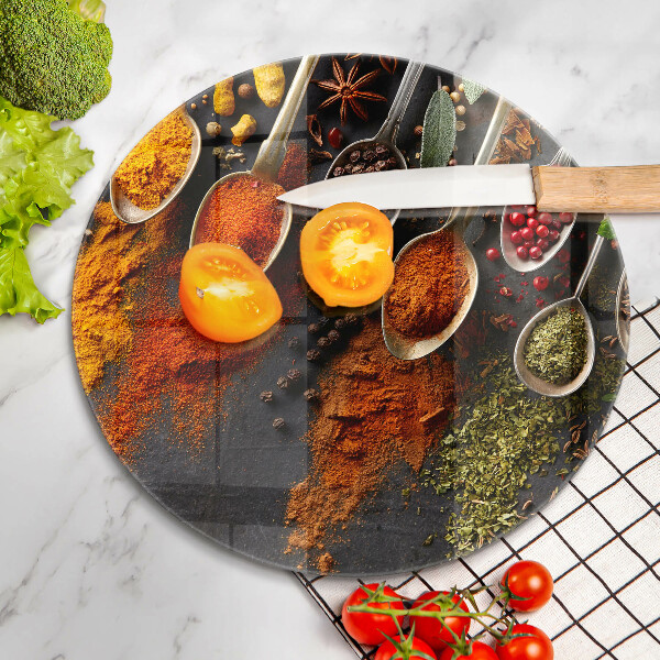 Chopping board glass Spoons with spices