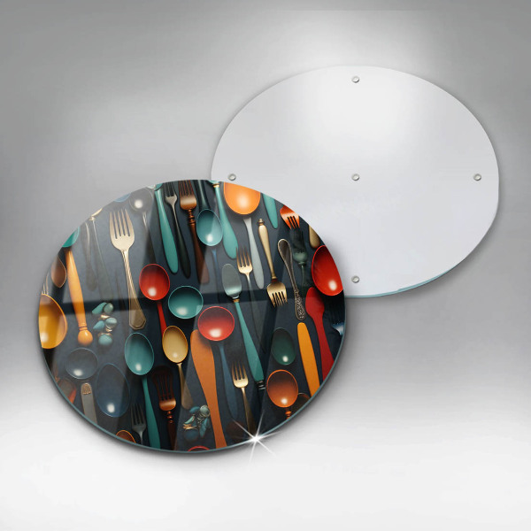 Chopping board Colorful spoons and forks