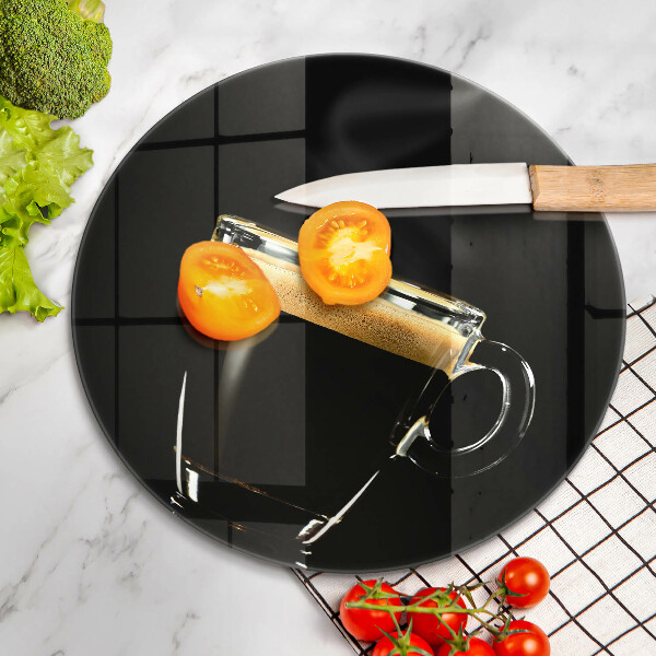 Chopping board A glass of black coffee