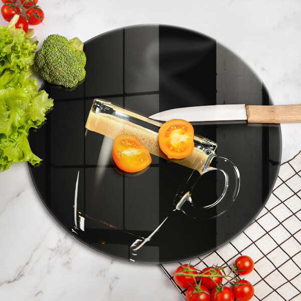 Chopping board A glass of black coffee