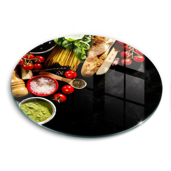 Chopping board glass Italian ingredients and spices