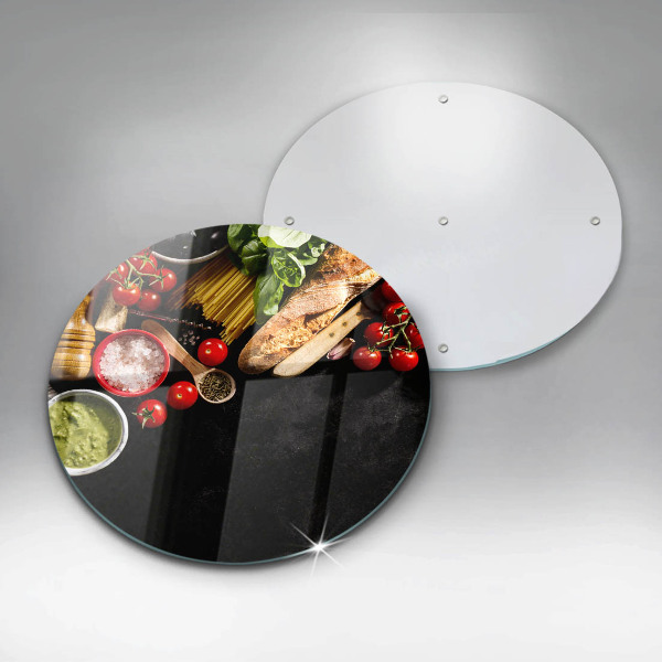 Chopping board glass Italian ingredients and spices
