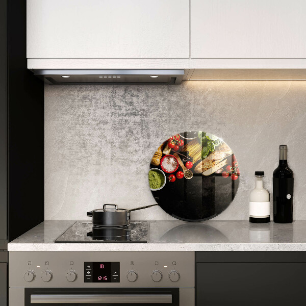 Chopping board glass Italian ingredients and spices