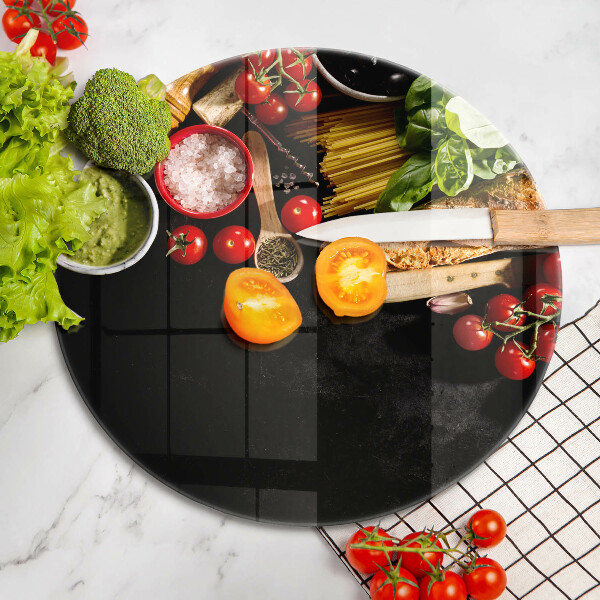 Chopping board glass Italian ingredients and spices