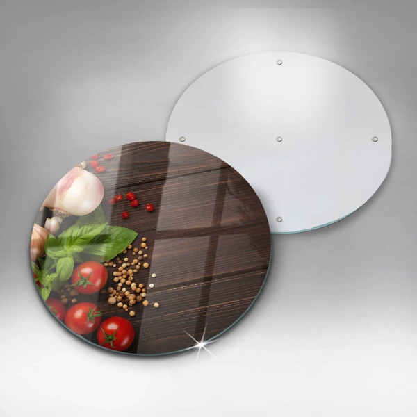 Chopping board glass Vegetables on the table