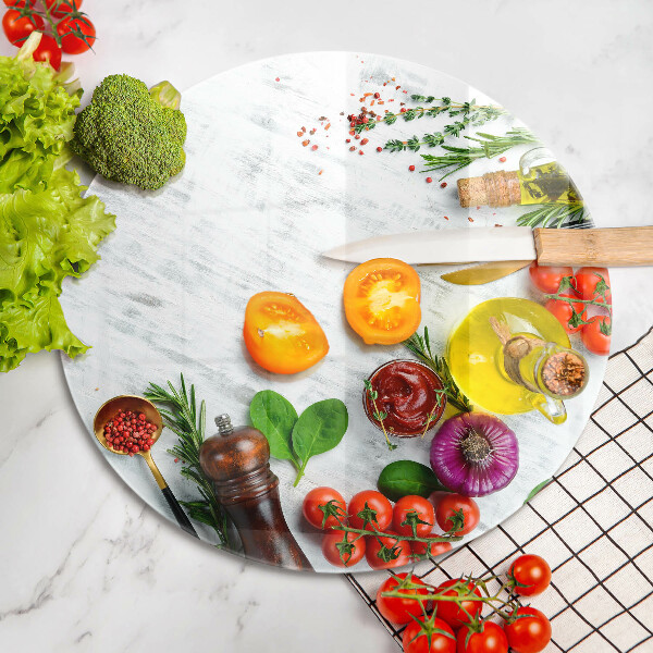 Chopping board glass Vegetables and spices