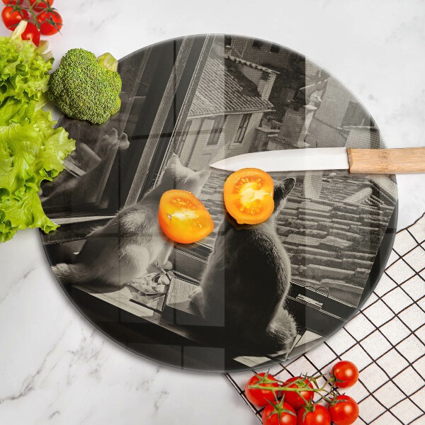 Chopping board glass Cats city and window