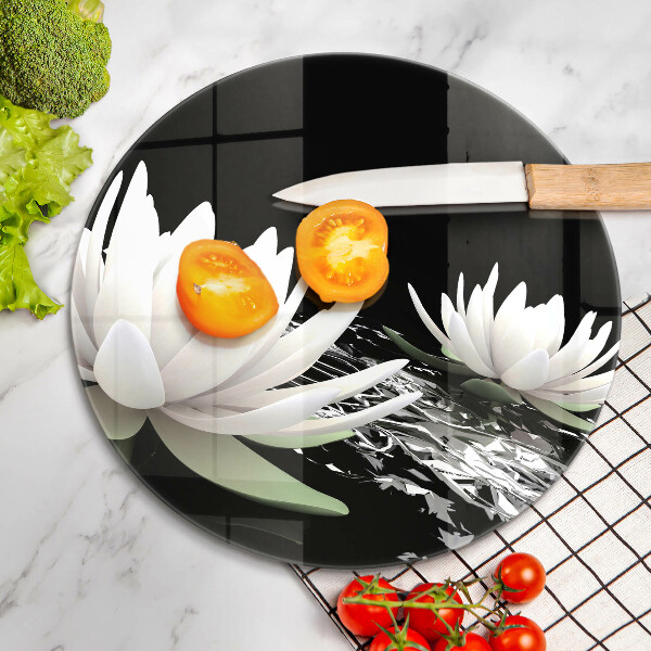Chopping board glass White lilies on the water