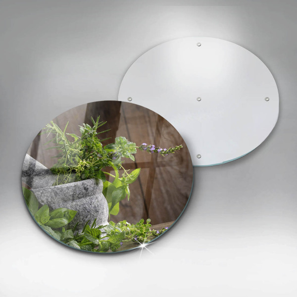 Chopping board glass Herbs plants and wood