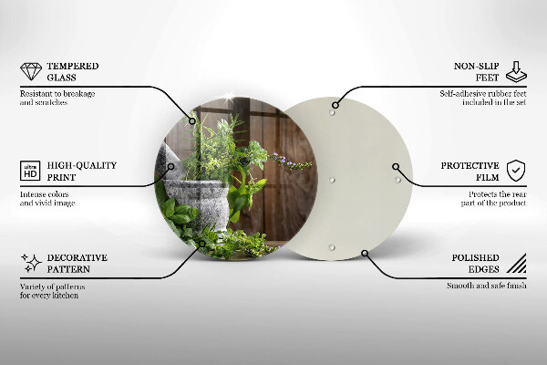 Chopping board glass Herbs plants and wood