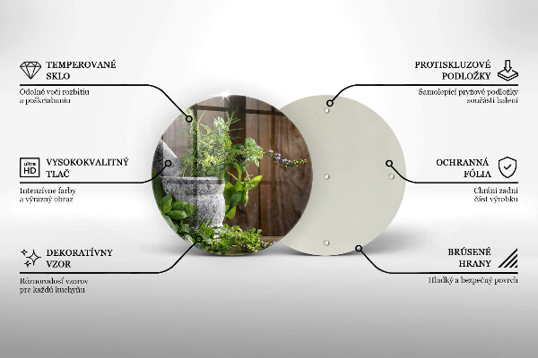 Chopping board glass Herbs plants and wood