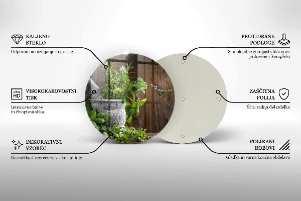 Chopping board glass Herbs plants and wood