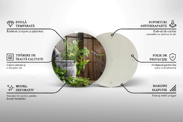 Chopping board glass Herbs plants and wood