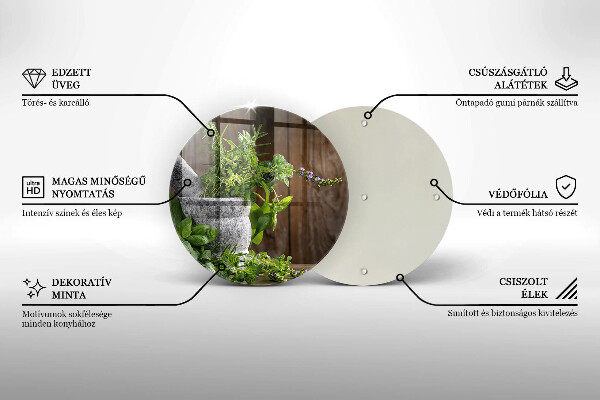 Chopping board glass Herbs plants and wood