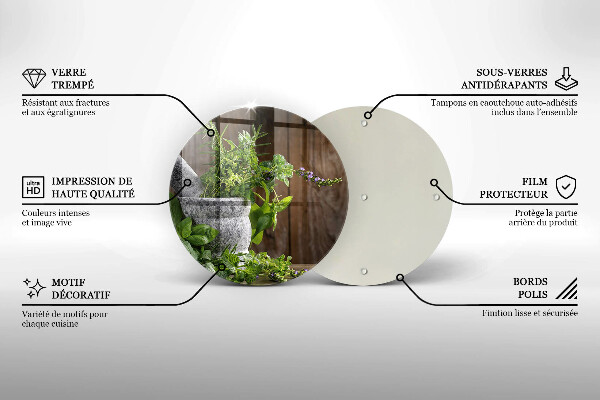 Chopping board glass Herbs plants and wood