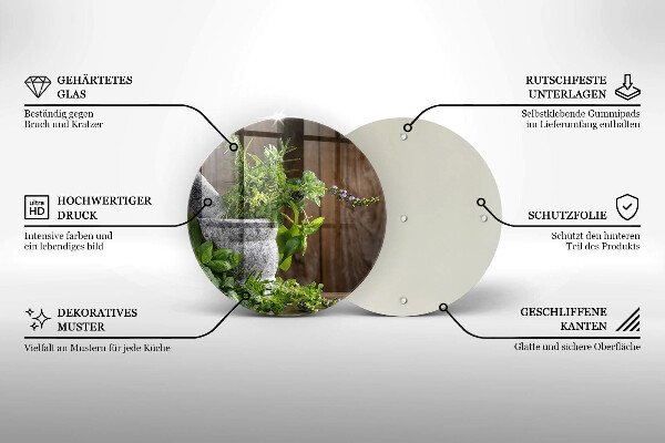 Chopping board glass Herbs plants and wood