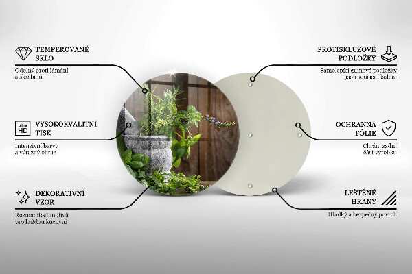 Chopping board glass Herbs plants and wood