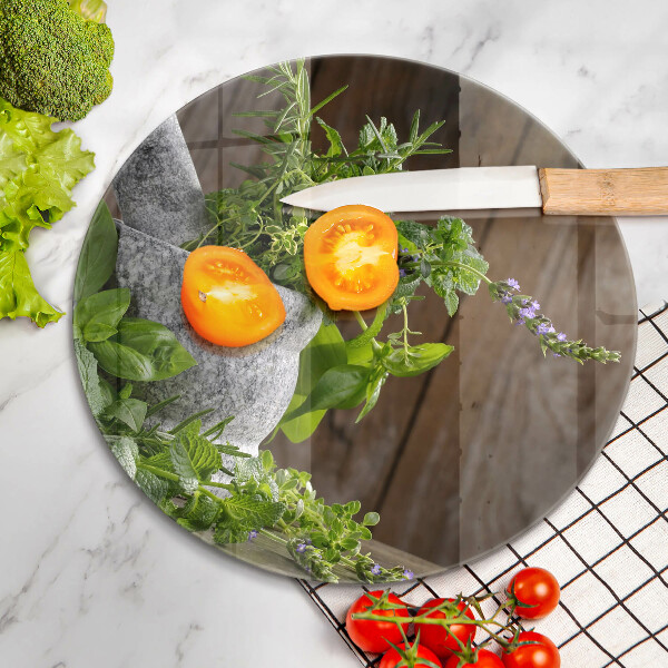 Chopping board glass Herbs plants and wood