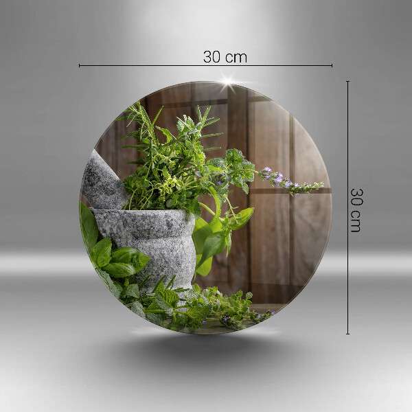 Chopping board glass Herbs plants and wood