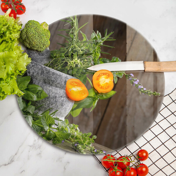 Chopping board glass Herbs plants and wood
