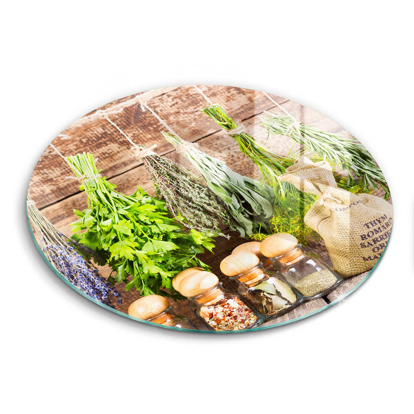 Chopping board glass Herbs spices and wood