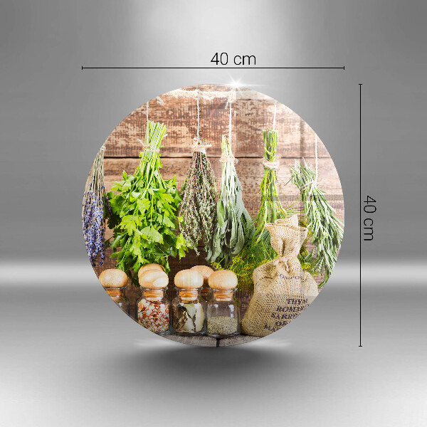 Chopping board glass Herbs spices and wood