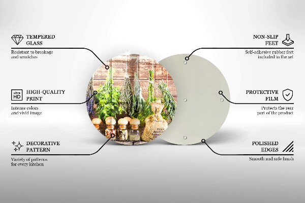 Chopping board glass Herbs spices and wood