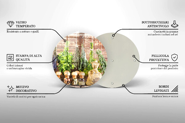 Chopping board glass Herbs spices and wood