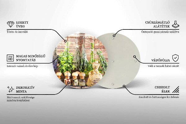 Chopping board glass Herbs spices and wood