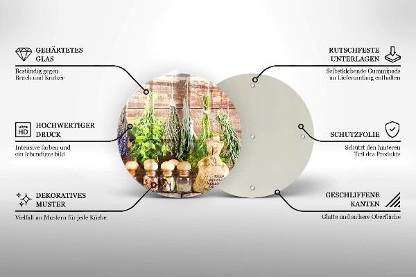 Chopping board glass Herbs spices and wood