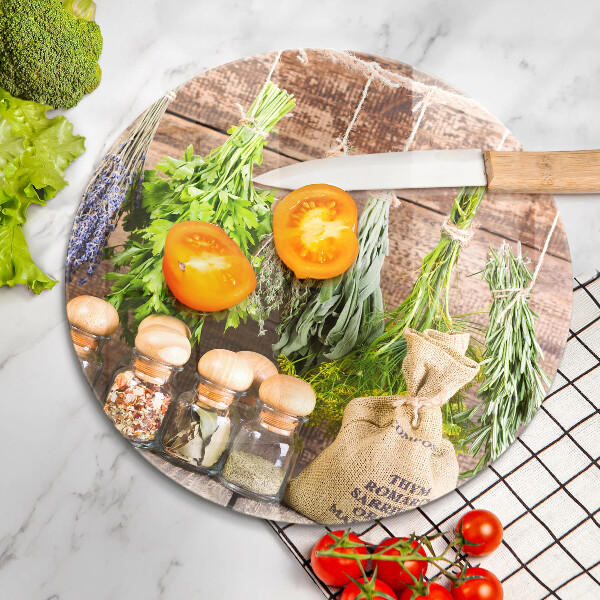 Chopping board glass Herbs spices and wood