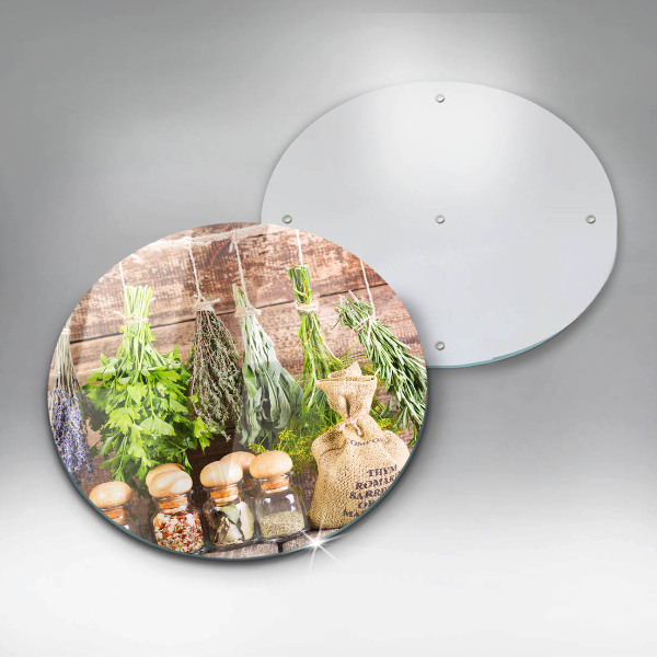 Chopping board glass Herbs spices and wood