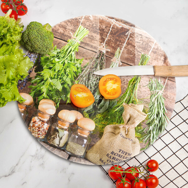Chopping board glass Herbs spices and wood