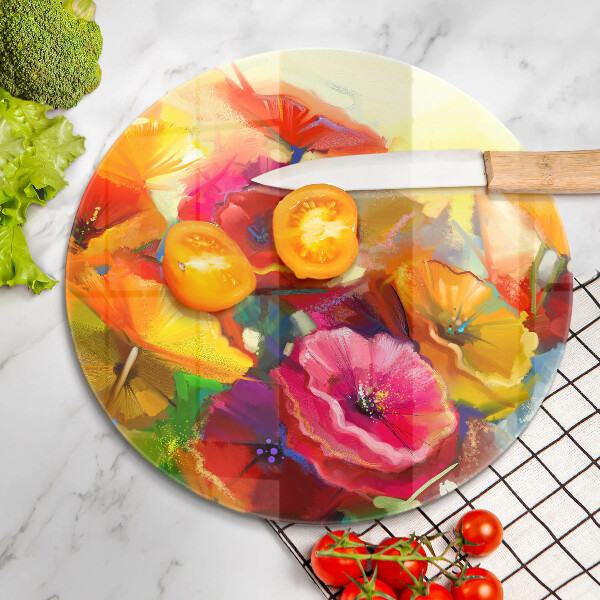 Glass cutting board Painted colorful flowers