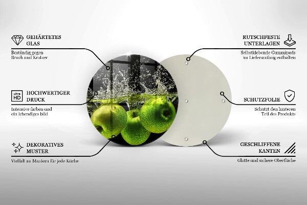 Chopping board glass Green apples and water