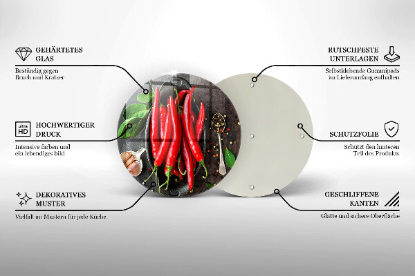 Chopping board glass Red chili peppers