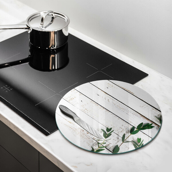 Chopping board glass Old boards and leaves