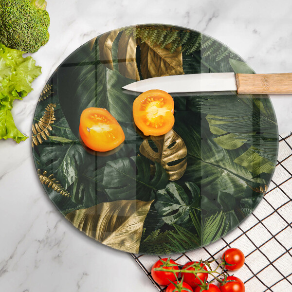 Chopping board glass Monstera golden leaves
