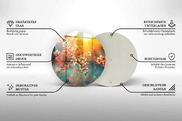 Chopping board glass Apple flowers in the sun