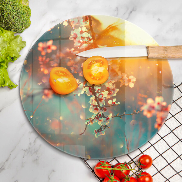 Chopping board glass Apple flowers in the sun