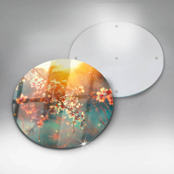 Chopping board glass Apple flowers in the sun